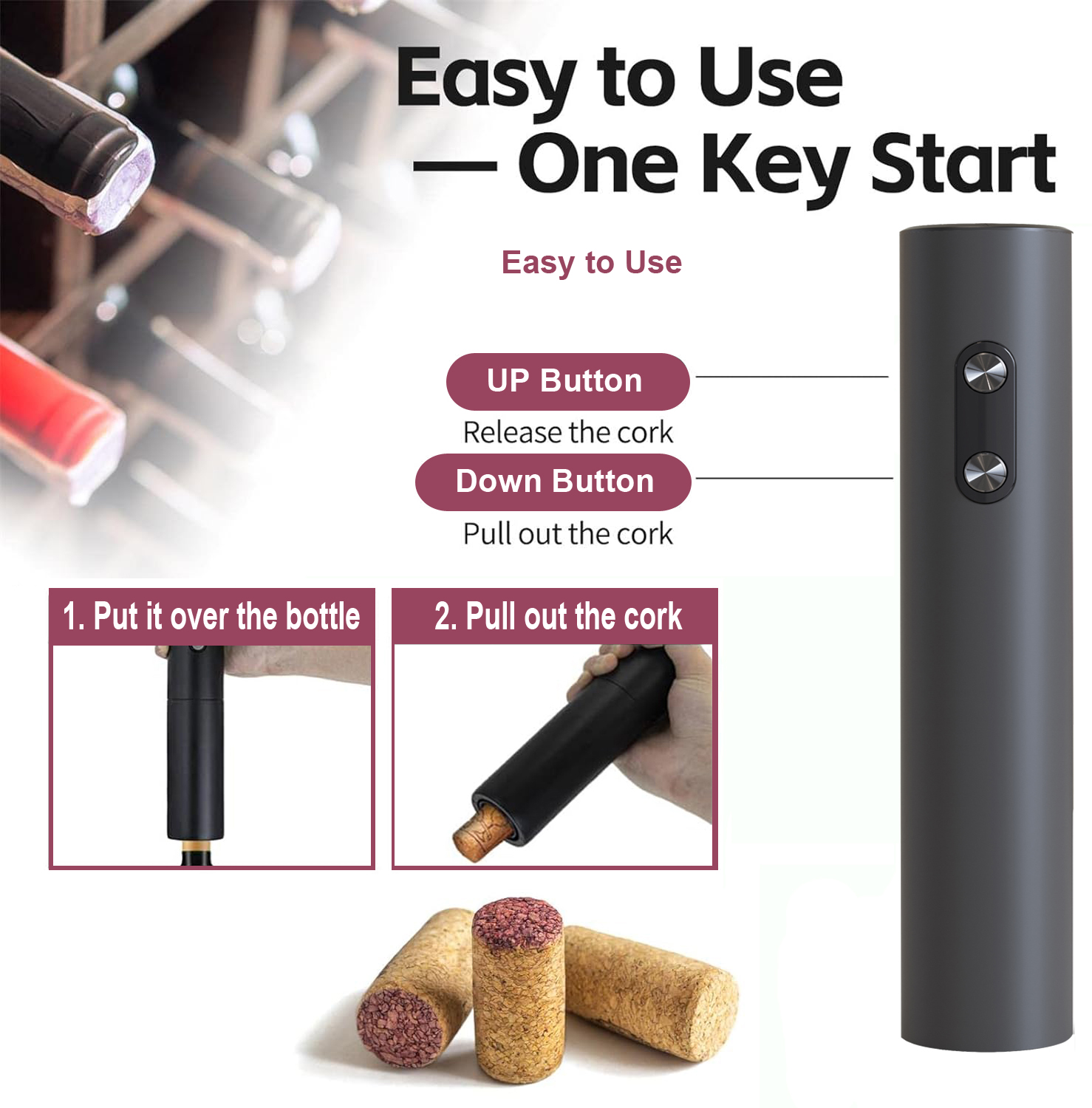 Wine Opener Electric - Abridor de vino eléctrico, sacacorchos negro,